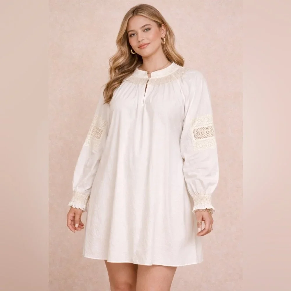 Tibi Anthropologie White Cotton Lace Embroidered Tunic Dress Boho Summer Casual - Picture 1 of 15